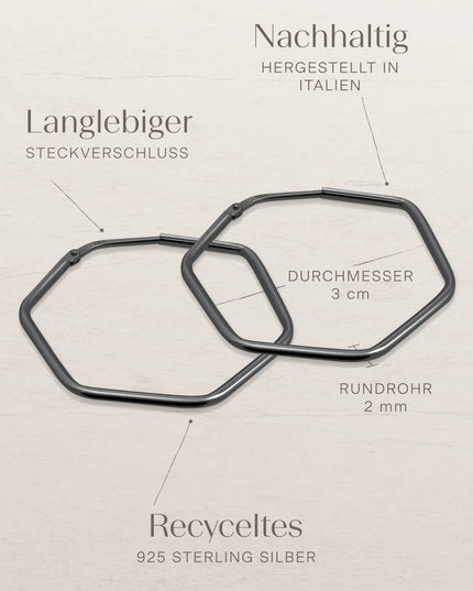Creolen HEXAGON Dezent Schwarz Rhodiniert-3